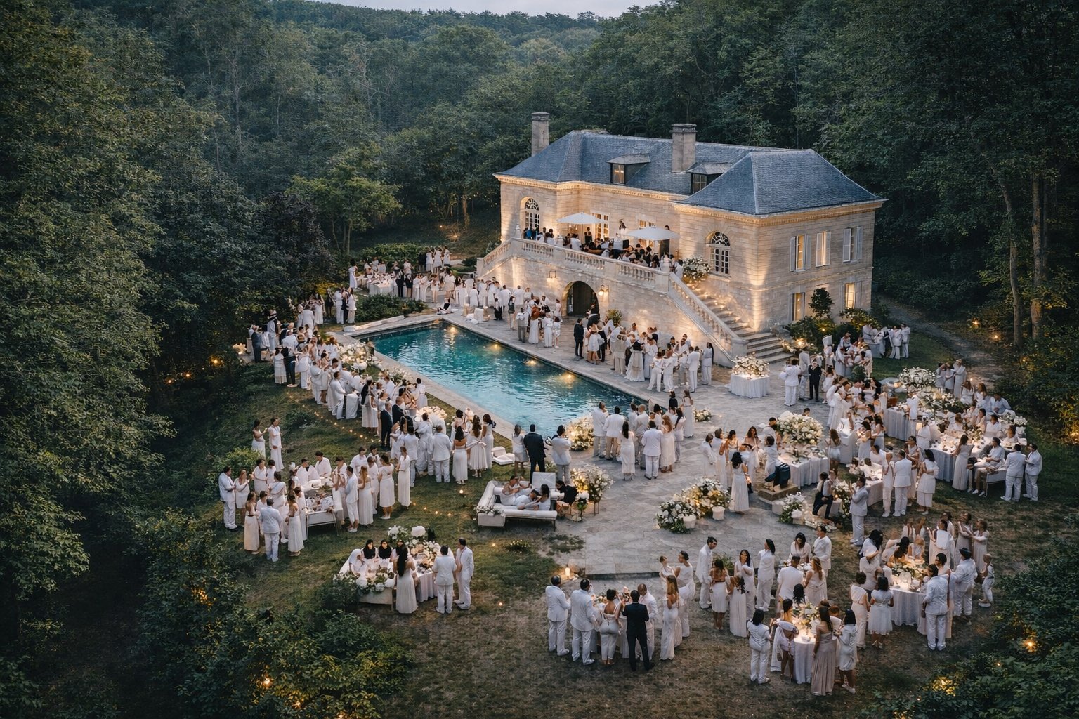 Soirée blanche vue drone — villa de luxe Versailles